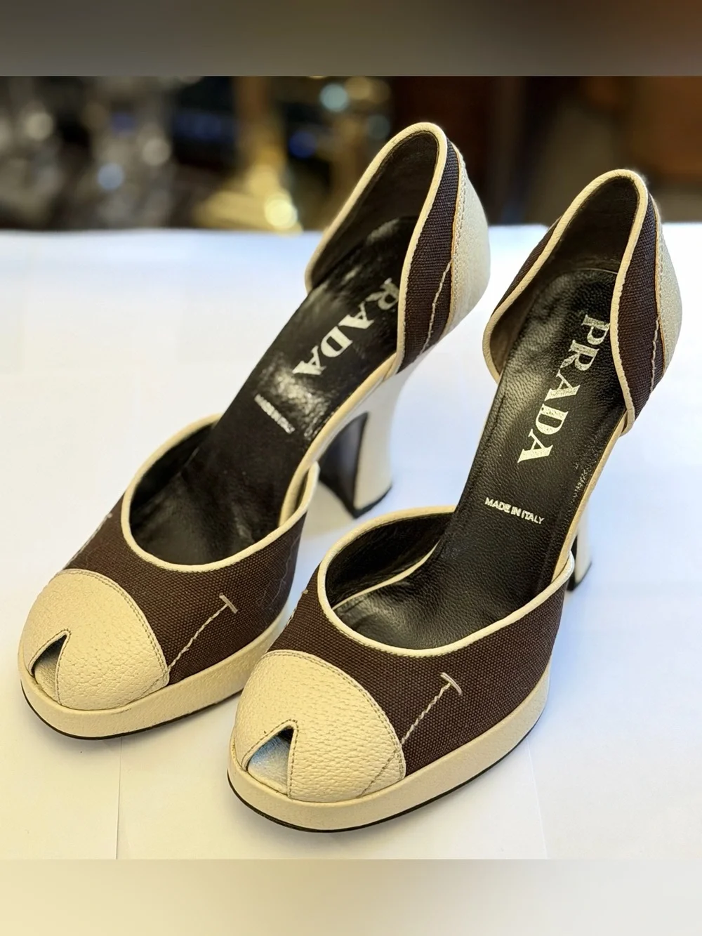 Vintage Prada brown/cream colorblock canvas & leather peep-toe pumps Size 36